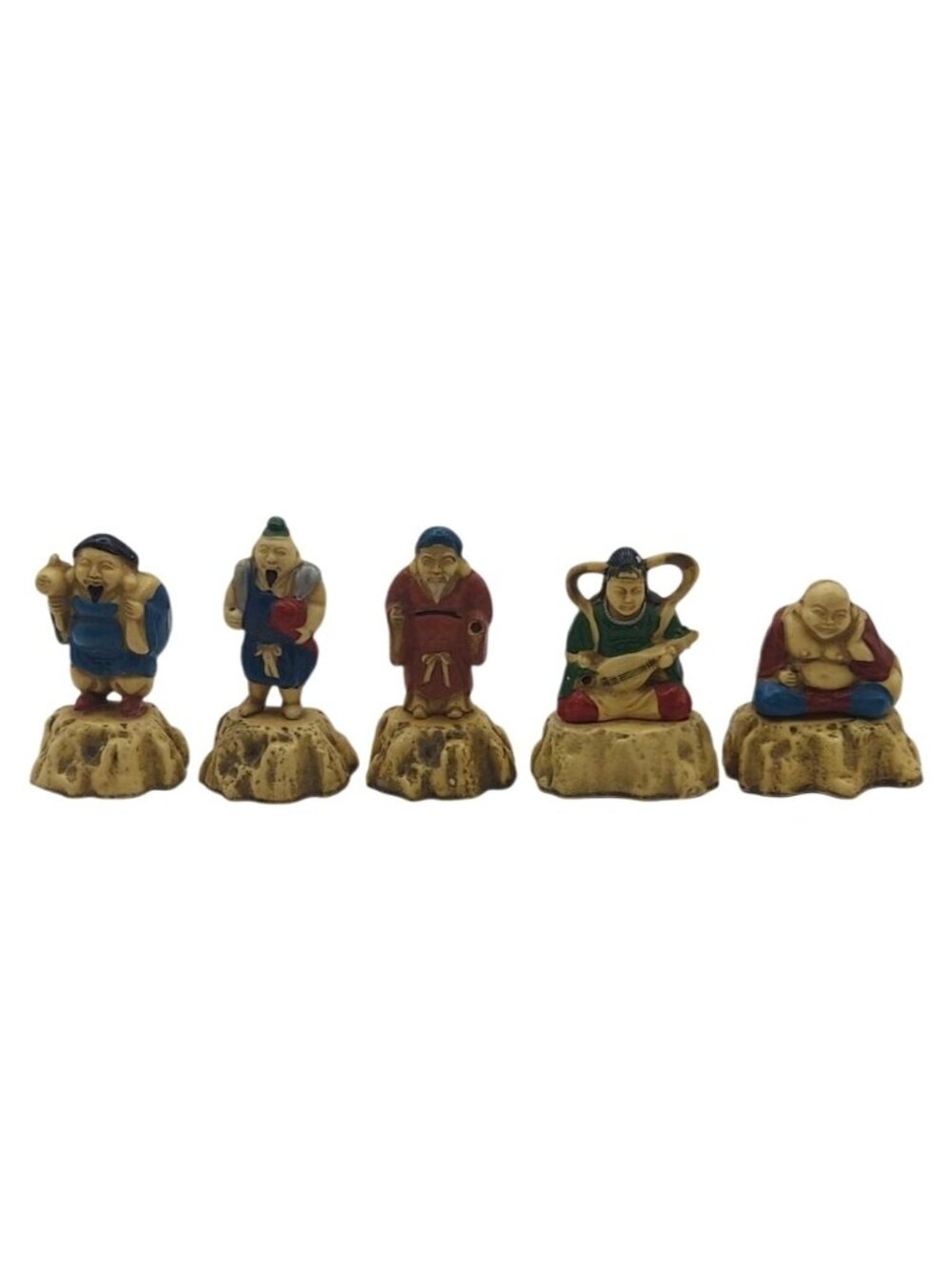 Vintage Japanese Gods Of Good Fortune Resin Figurines Shichifukujin Set Of 5 MCM
